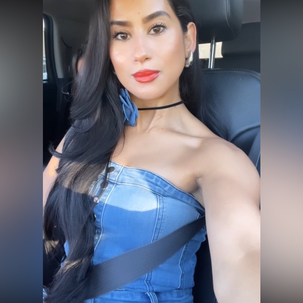 BEBE denim strapless jumpsuit
